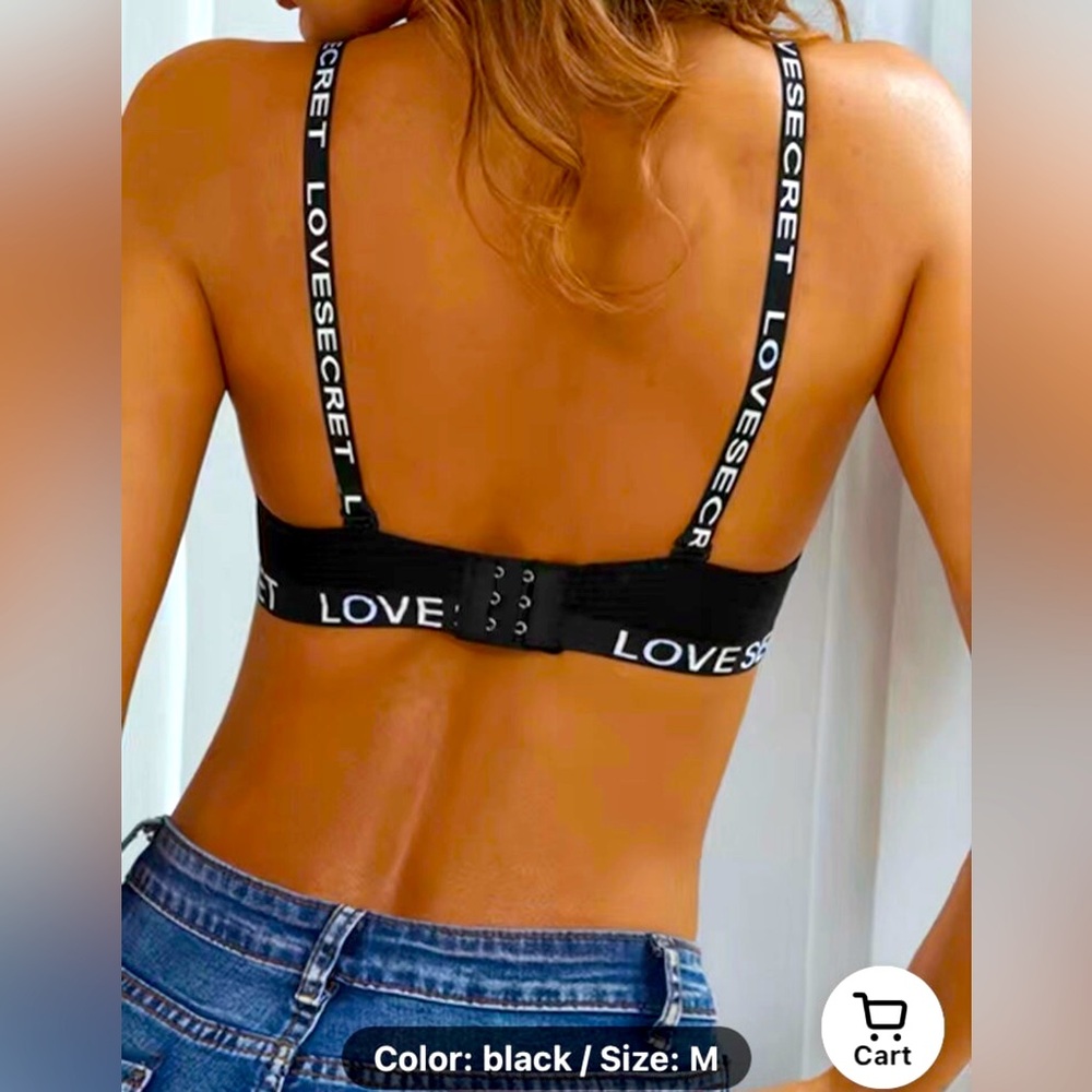 Women's Solid Letter Tape Push Up Bra, Comfortable & Soft Ribbed Bra
